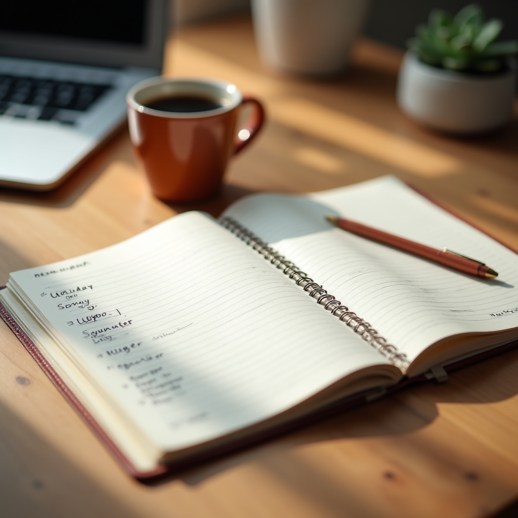 Calendar săptămânal cu notițe despre sesiuni, așezat lângă o ceașcă de cafea pe un birou