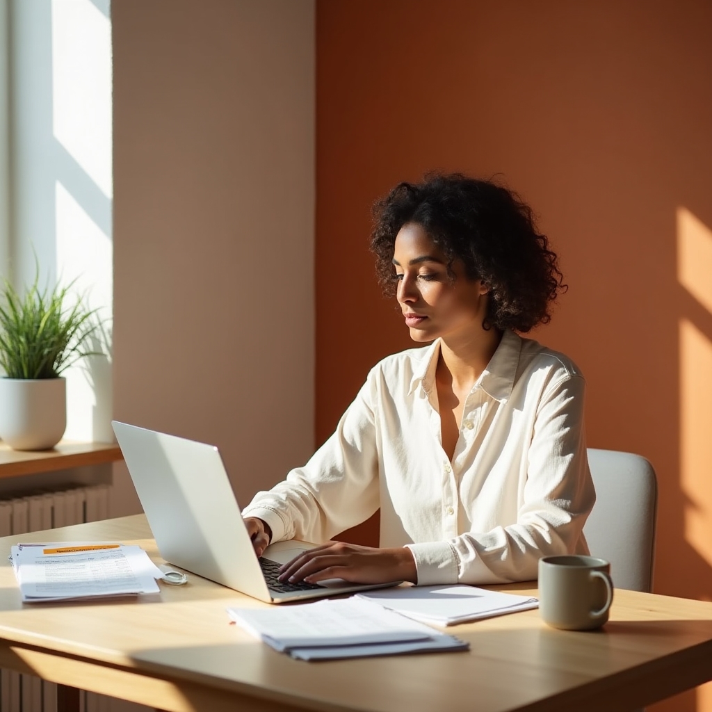 Spațiu de lucru luminos pentru un freelancer, cu laptop și notițe de planificare