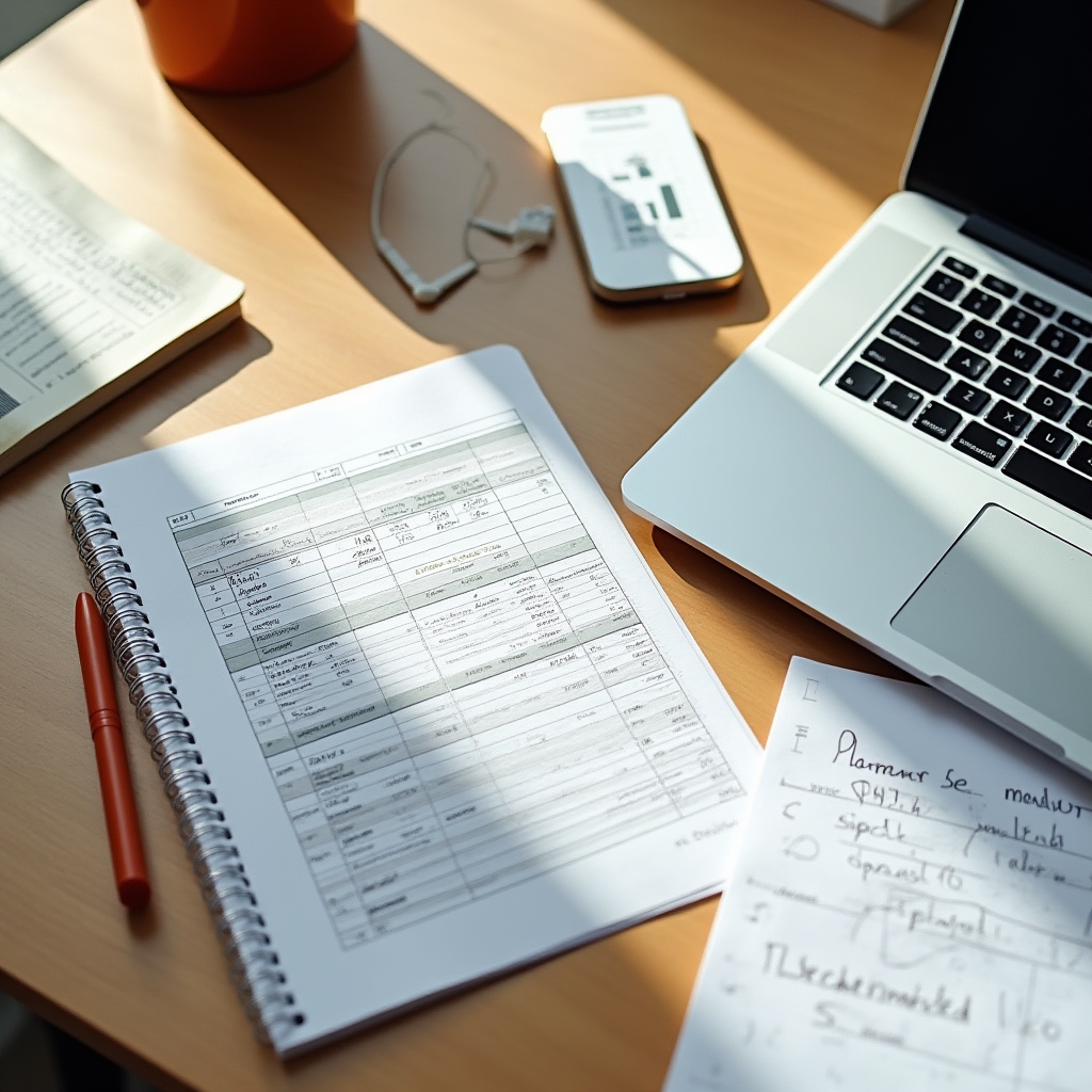 Foi de calcul și notițe pentru restructurarea tarifelor unui freelancer, așezate pe un birou